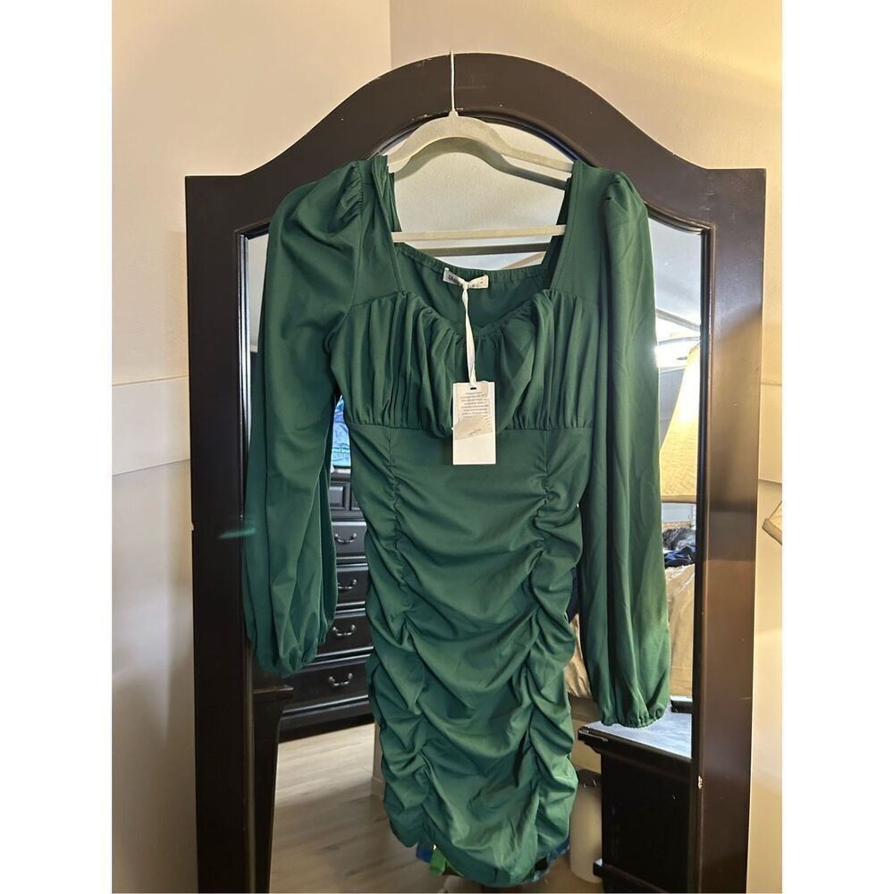NEW GRACE KARIN Green Ruched Bodycon Dress Long Sleeve S